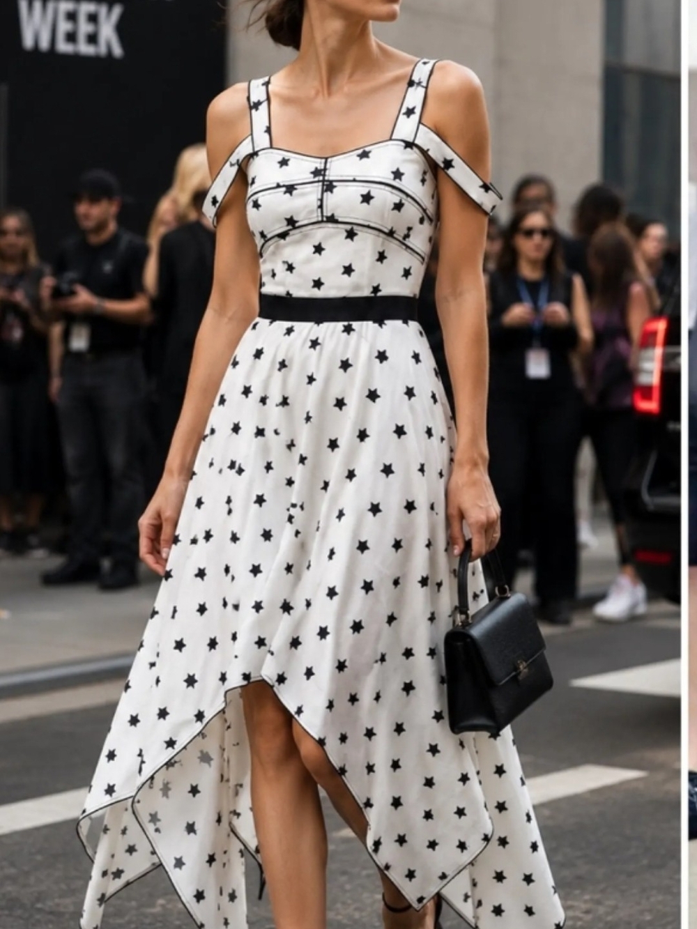 Self-Portrait White Star-Print High-Low Dress with Black Trim. Sz. UK-6/US-2